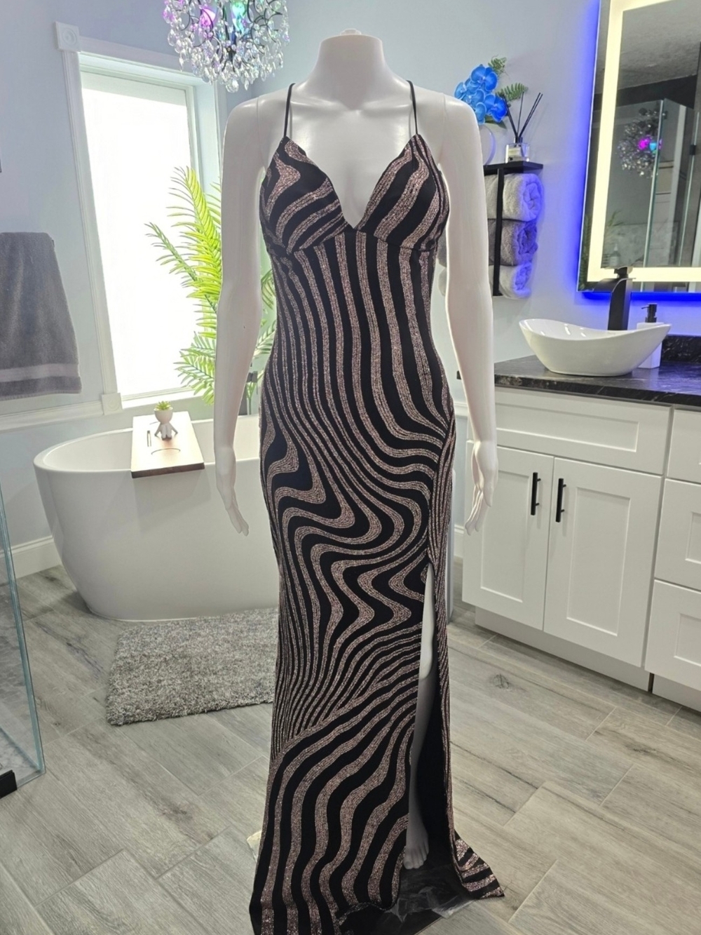 Symphony Bridal Black & Rose Gold Striped Metallic Maxi Gown